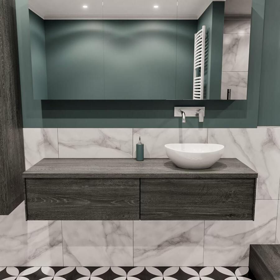 Zaro Lush onderkast met topblad 150cm in kleur ANTRACITE met 2 lades Push tot open geschikt voor rechtse wastafel. Met ovale keramische opzetkom met 0 kraangat(en) in het topblad - Foto 2