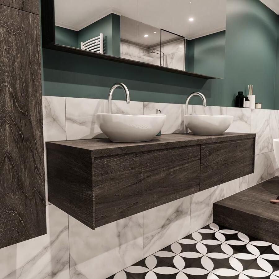 Zaro Lush onderkast met topblad 150cm in kleur DARK BROWN met 2 lades Push tot open geschikt voor dubbele wastafel. Met ovale keramische opzetkom met 2 kraangat(en) in het topblad - Foto 5