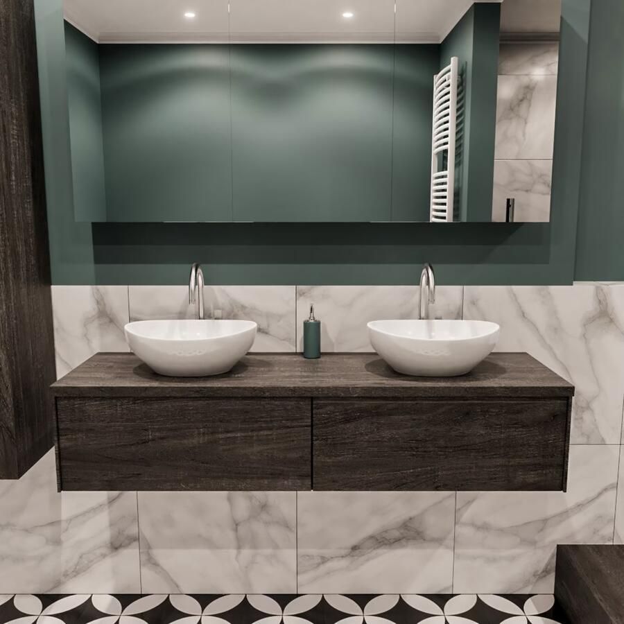 Zaro Lush onderkast met topblad 150cm in kleur DARK BROWN met 2 lades Push tot open geschikt voor dubbele wastafel. Met ovale keramische opzetkom met 2 kraangat(en) in het topblad - Foto 3