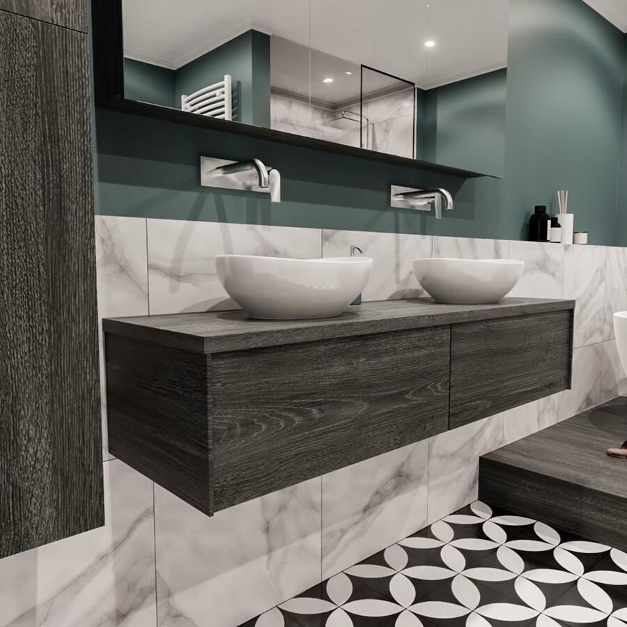 Zaro Lush onderkast met topblad 150cm in kleur ANTRACITE met 2 lades Push tot open geschikt voor dubbele wastafel. Met ovale keramische opzetkom met 0 kraangat(en) in het topblad - Foto 2