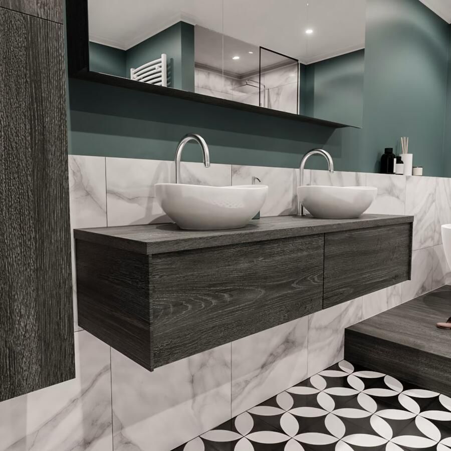 Zaro Lush onderkast met topblad 150cm in kleur ANTRACITE met 2 lades Push tot open geschikt voor dubbele wastafel. Met ovale keramische opzetkom met 2 kraangat(en) in het topblad - Foto 3