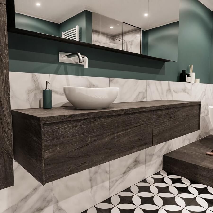 Zaro Lush onderkast met topblad 180cm in kleur DARK BROWN met 2 lades Push tot open geschikt voor linkse wastafel. Met ovale keramische opzetkom met 0 kraangat(en) in het topblad - Foto 4