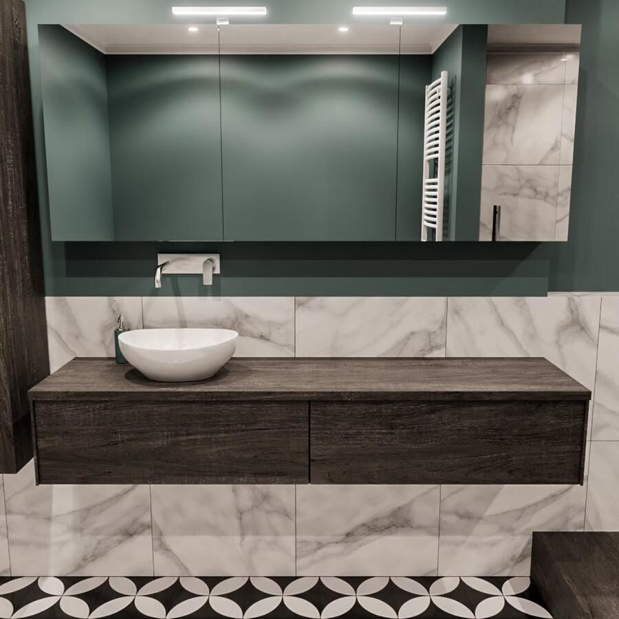 Zaro Lush onderkast met topblad 180cm in kleur DARK BROWN met 2 lades Push tot open geschikt voor linkse wastafel. Met ovale keramische opzetkom met 0 kraangat(en) in het topblad - Foto 2