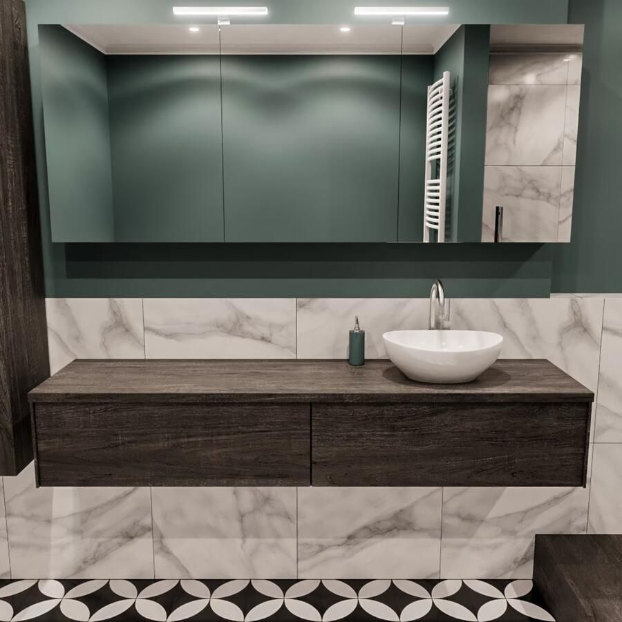 Zaro Lush onderkast met topblad 180cm in kleur DARK BROWN met 2 lades Push tot open geschikt voor rechtse wastafel. Met ovale keramische opzetkom met 1 kraangat(en) in het topblad - Foto 2