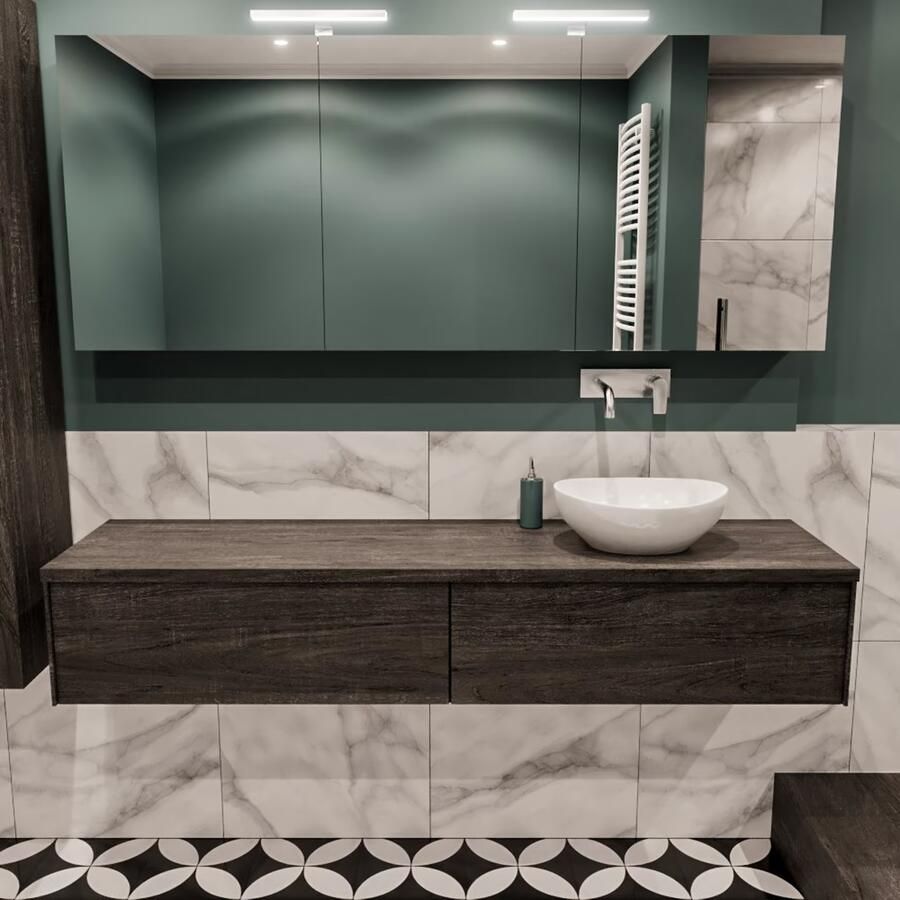 Zaro Lush onderkast met topblad 180cm in kleur DARK BROWN met 2 lades Push tot open geschikt voor rechtse wastafel. Met ovale keramische opzetkom met 0 kraangat(en) in het topblad