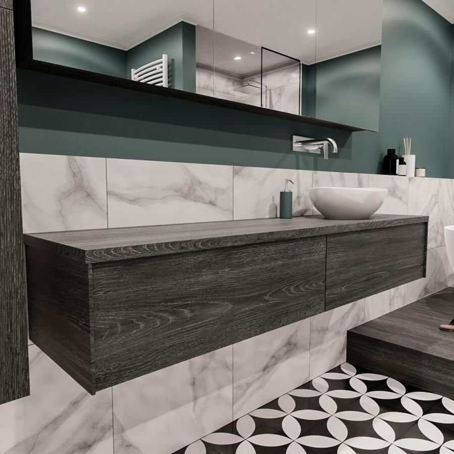 Zaro Lush onderkast met topblad 180cm in kleur ANTRACITE met 2 lades Push tot open geschikt voor rechtse wastafel. Met ovale keramische opzetkom met 0 kraangat(en) in het topblad - Foto 4