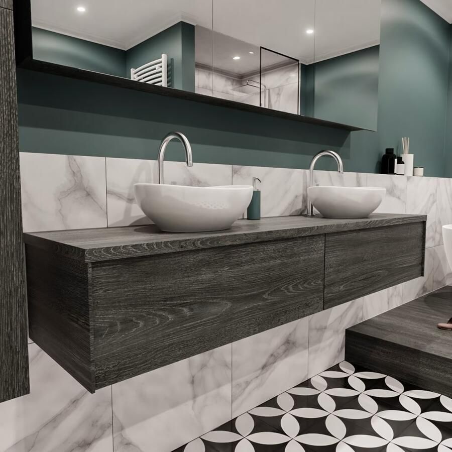 Zaro Lush onderkast met topblad 180cm in kleur ANTRACITE met 2 lades Push tot open geschikt voor dubbele wastafel. Met ovale keramische opzetkom met 2 kraangat(en) in het topblad - Foto 3