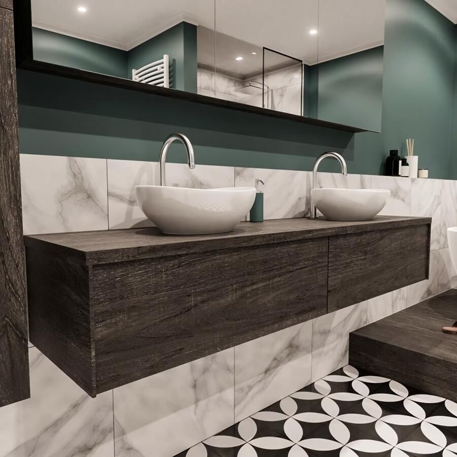 Zaro Lush onderkast met topblad 180cm in kleur DARK BROWN met 2 lades Push tot open geschikt voor dubbele wastafel. Met ovale keramische opzetkom met 2 kraangat(en) in het topblad - Foto 4