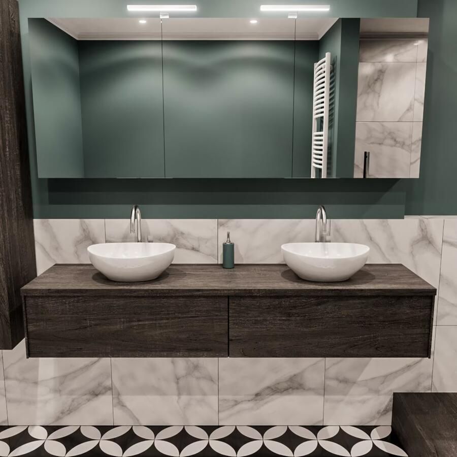 Zaro Lush onderkast met topblad 180cm in kleur DARK BROWN met 2 lades Push tot open geschikt voor dubbele wastafel. Met ovale keramische opzetkom met 2 kraangat(en) in het topblad - Foto 2