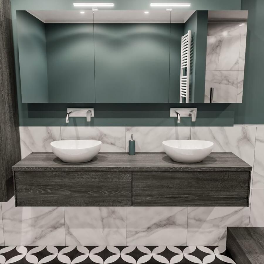 Zaro Lush onderkast met topblad 180cm in kleur ANTRACITE met 2 lades Push tot open geschikt voor dubbele wastafel. Met ovale keramische opzetkom met 0 kraangat(en) in het topblad - Foto 2