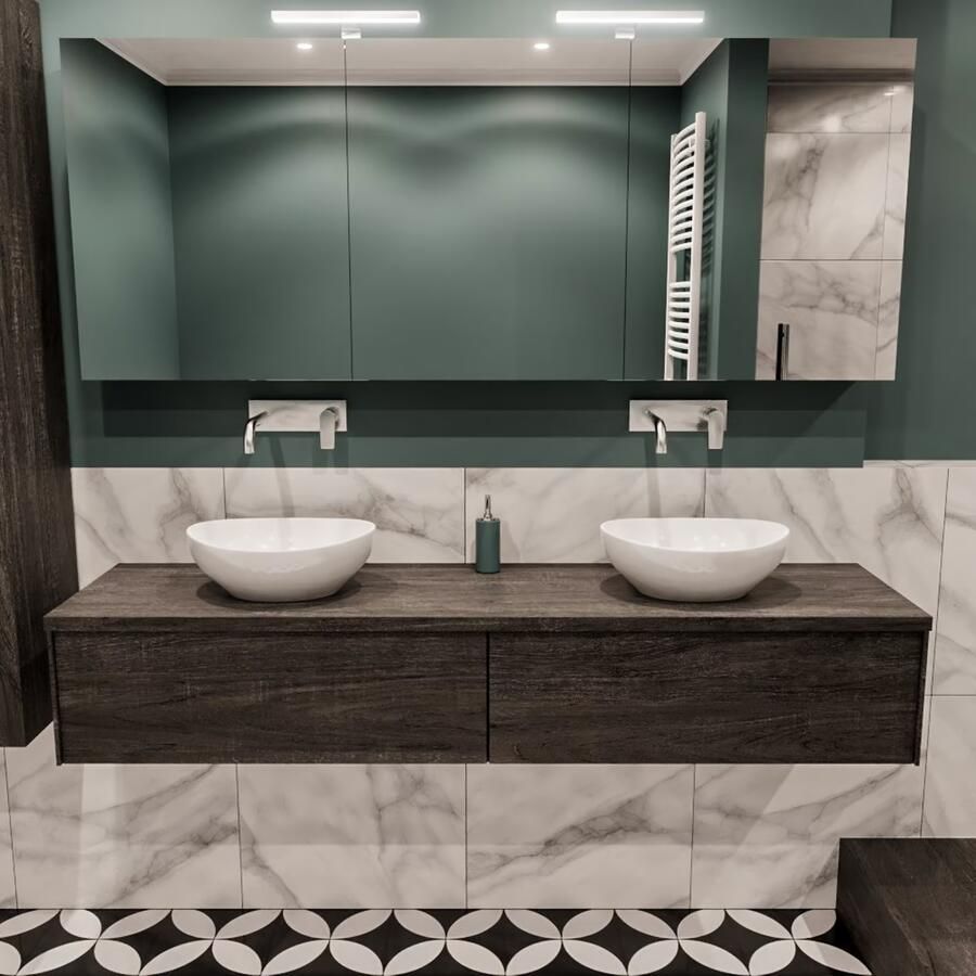 Zaro Lush onderkast met topblad 180cm in kleur DARK BROWN met 2 lades Push tot open geschikt voor dubbele wastafel. Met ovale keramische opzetkom met 0 kraangat(en) in het topblad - Foto 2