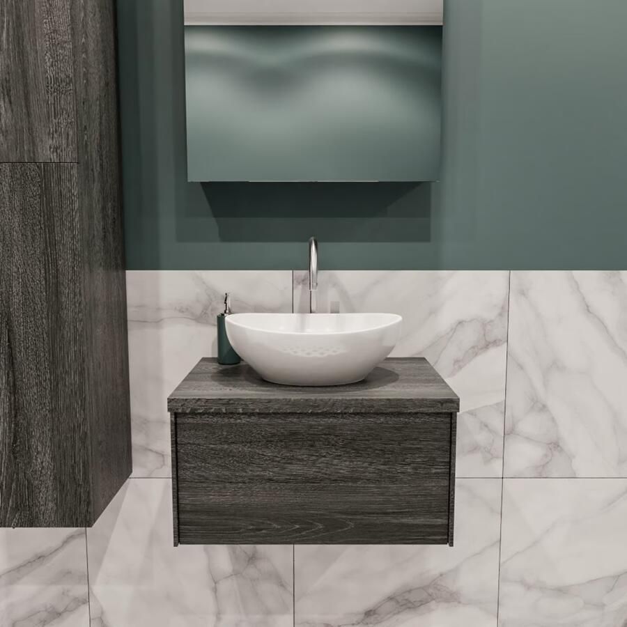 Zaro Lush onderkast met 30mm massief topblad 60cm in kleur ANTRACITE met 1 lades Push tot open geschikt voor gecentreerde wastafel. Met ovale keramische opzetkom met 1 kraangat(en) in het topblad