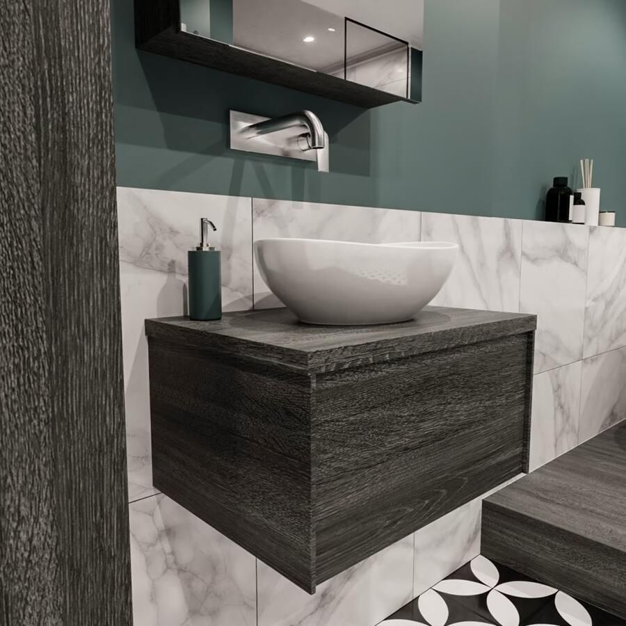 Zaro Lush onderkast met topblad 60cm in kleur ANTRACITE met 1 lades Push tot open geschikt voor gecentreerde wastafel. Met ovale keramische opzetkom met 0 kraangat(en) in het topblad - Foto 4