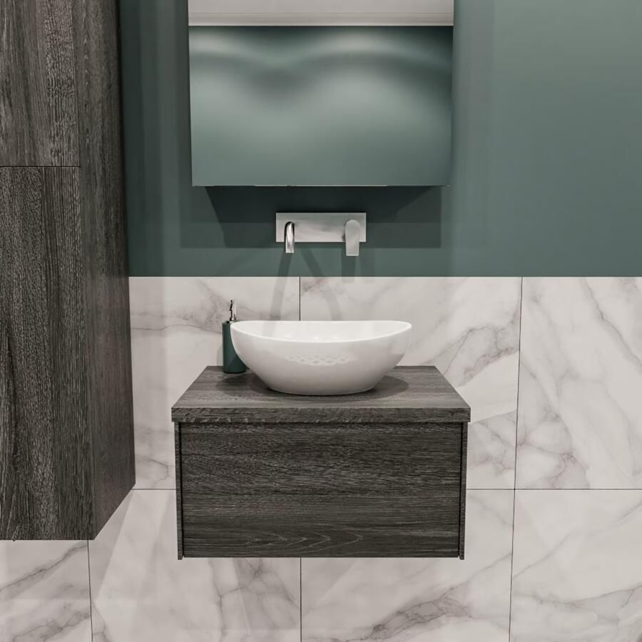 Zaro Lush onderkast met topblad 60cm in kleur ANTRACITE met 1 lades Push tot open geschikt voor gecentreerde wastafel. Met ovale keramische opzetkom met 0 kraangat(en) in het topblad - Foto 2