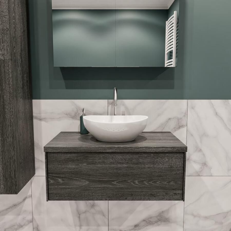 Zaro Lush onderkast met topblad 80cm in kleur ANTRACITE met 1 lades Push tot open geschikt voor gecentreerde wastafel. Met ovale keramische opzetkom met 1 kraangat(en) in het topblad - Foto 2