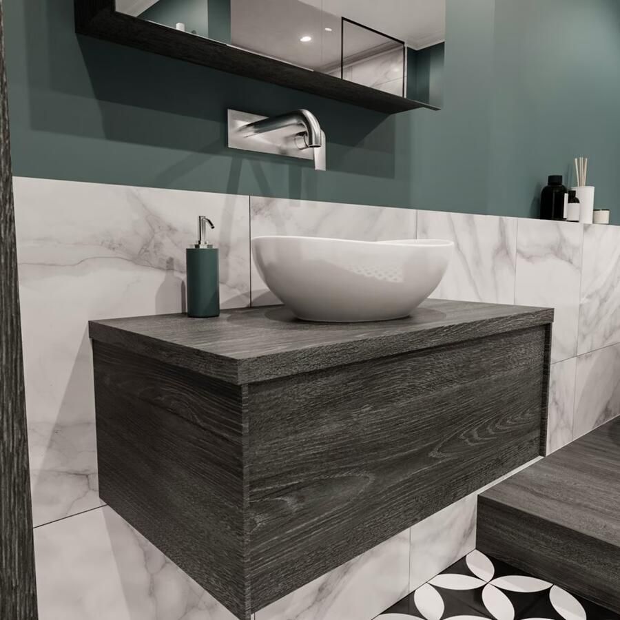 Zaro Lush onderkast met topblad 80cm in kleur ANTRACITE met 1 lades Push tot open geschikt voor gecentreerde wastafel. Met ovale keramische opzetkom met 0 kraangat(en) in het topblad - Foto 4