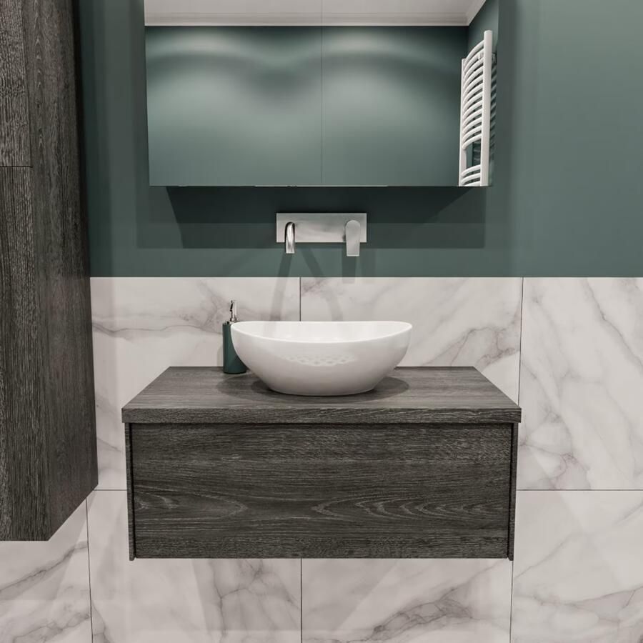 Zaro Lush onderkast met topblad 80cm in kleur ANTRACITE met 1 lades Push tot open geschikt voor gecentreerde wastafel. Met ovale keramische opzetkom met 0 kraangat(en) in het topblad - Foto 2