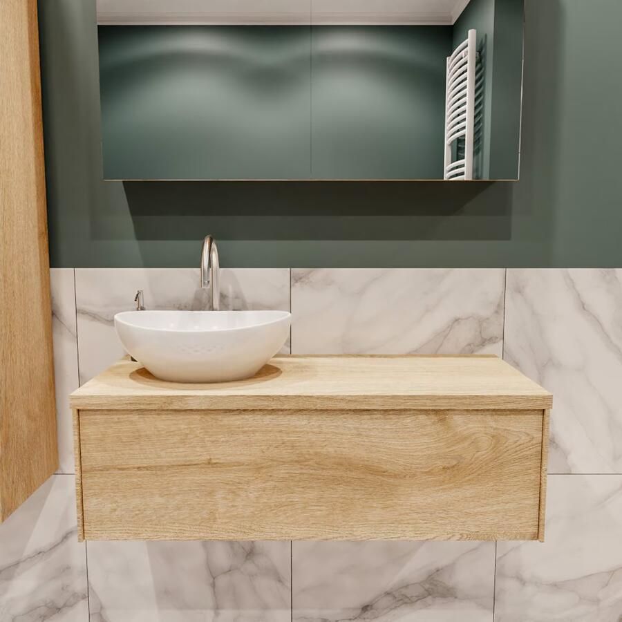 Zaro Lush onderkast met topblad 100cm in kleur WASHED OAK met 1 lades Push tot open geschikt voor linkse wastafel. Met ovale keramische opzetkom met 1 kraangat(en) in het topblad