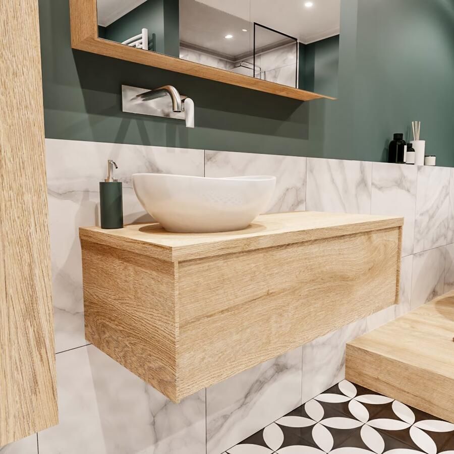 Zaro Lush onderkast met topblad 100cm in kleur WASHED OAK met 1 lades Push tot open geschikt voor linkse wastafel. Met ovale keramische opzetkom met 0 kraangat(en) in het topblad - Foto 4