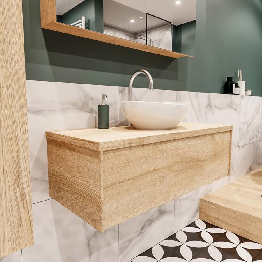 Zaro Lush onderkast met topblad 100cm in kleur WASHED OAK met 1 lades Push tot open geschikt voor gecentreerde wastafel. Met ovale keramische opzetkom met 1 kraangat(en) in het topblad