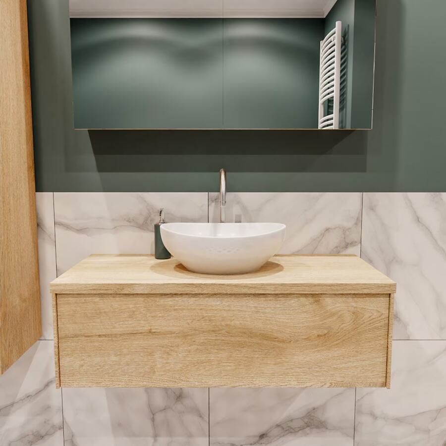 Zaro Lush onderkast met topblad 100cm in kleur WASHED OAK met 1 lades Push tot open geschikt voor gecentreerde wastafel. Met ovale keramische opzetkom met 1 kraangat(en) in het topblad - Foto 2