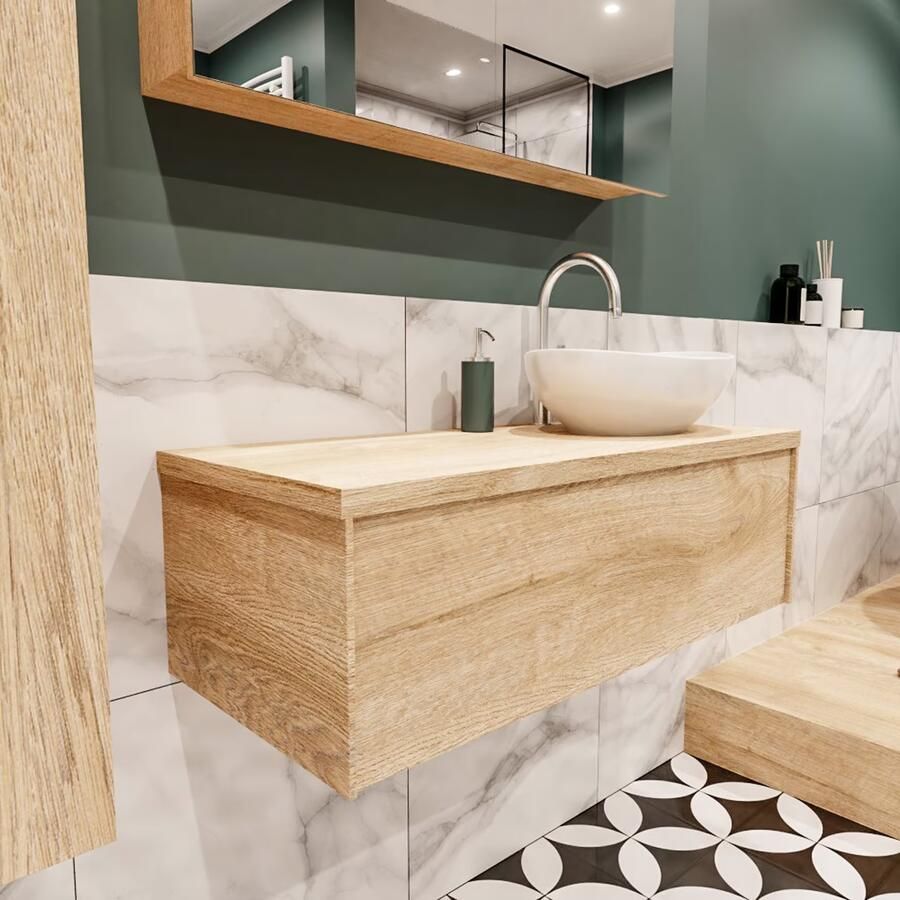 Zaro Lush onderkast met topblad 100cm in kleur WASHED OAK met 1 lades Push tot open geschikt voor rechtse wastafel. Met ovale keramische opzetkom met 1 kraangat(en) in het topblad - Foto 3
