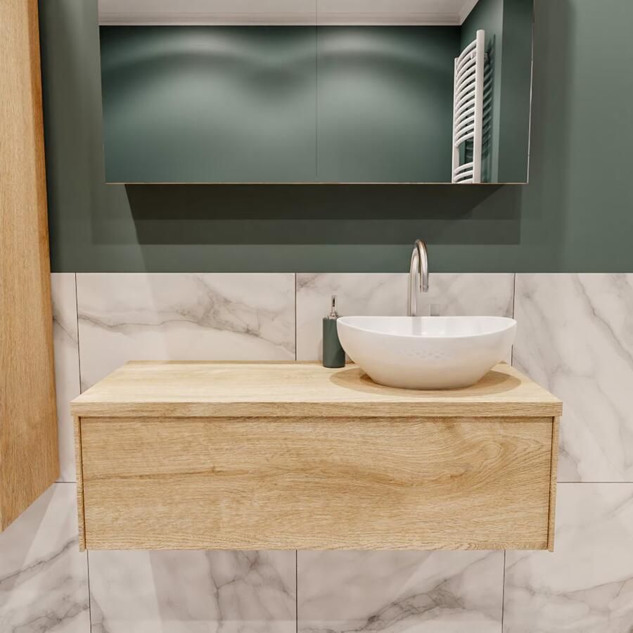 Zaro Lush onderkast met topblad 100cm in kleur WASHED OAK met 1 lades Push tot open geschikt voor rechtse wastafel. Met ovale keramische opzetkom met 1 kraangat(en) in het topblad