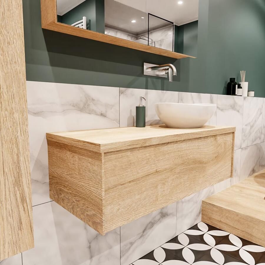 Zaro Lush onderkast met topblad 100cm in kleur WASHED OAK met 1 lades Push tot open geschikt voor rechtse wastafel. Met ovale keramische opzetkom met 0 kraangat(en) in het topblad