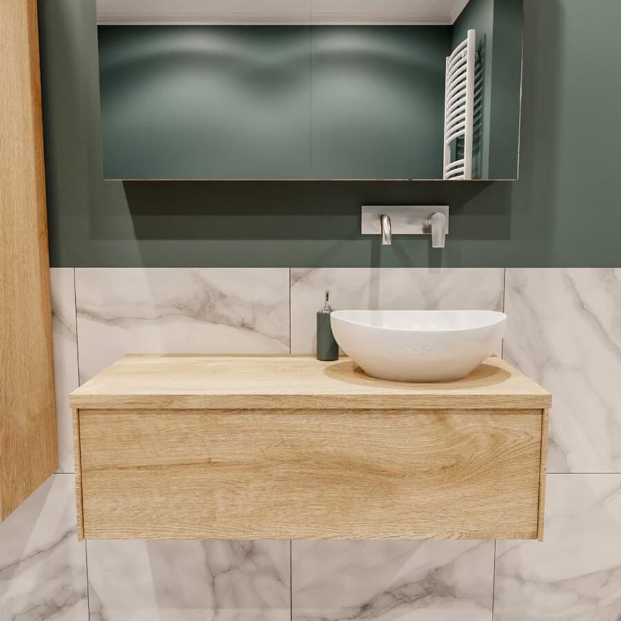 Zaro Lush onderkast met topblad 100cm in kleur WASHED OAK met 1 lades Push tot open geschikt voor rechtse wastafel. Met ovale keramische opzetkom met 0 kraangat(en) in het topblad - Foto 2