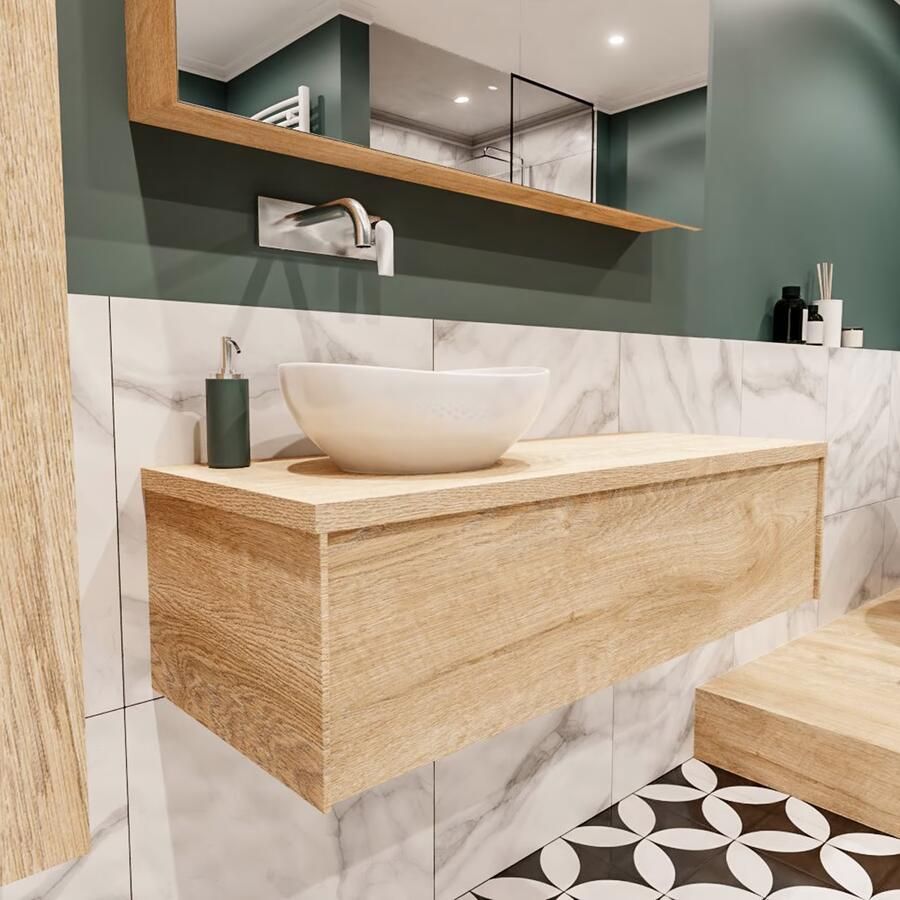 Zaro Lush onderkast met topblad 120cm in kleur WASHED OAK met 1 lades Push tot open geschikt voor linkse wastafel. Met ovale keramische opzetkom met 0 kraangat(en) in het topblad