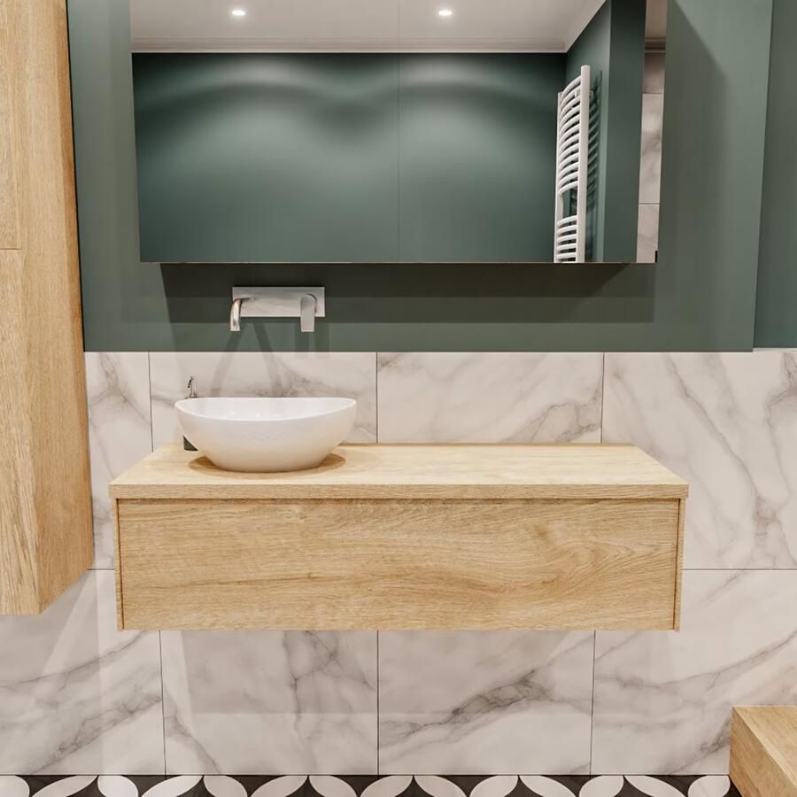 Zaro Lush onderkast met topblad 120cm in kleur WASHED OAK met 1 lades Push tot open geschikt voor linkse wastafel. Met ovale keramische opzetkom met 0 kraangat(en) in het topblad - Foto 2