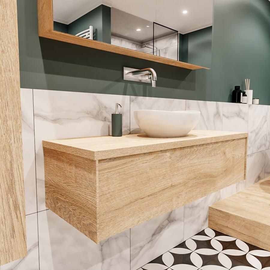 Zaro Lush onderkast met topblad 120cm in kleur WASHED OAK met 1 lades Push tot open geschikt voor gecentreerde wastafel. Met ovale keramische opzetkom met 0 kraangat(en) in het topblad