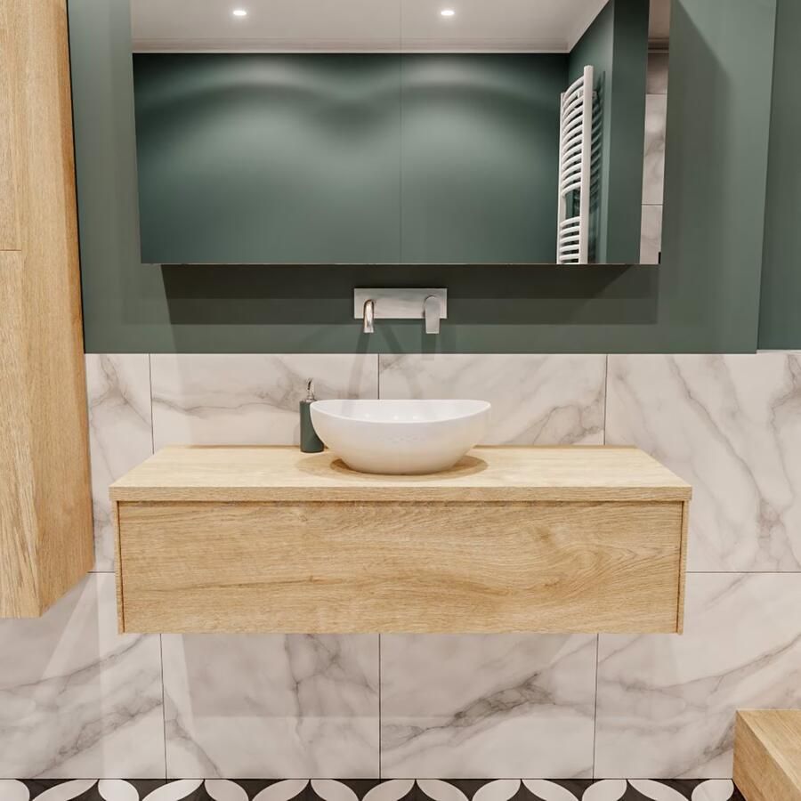 Zaro Lush onderkast met topblad 120cm in kleur WASHED OAK met 1 lades Push tot open geschikt voor gecentreerde wastafel. Met ovale keramische opzetkom met 0 kraangat(en) in het topblad - Foto 2