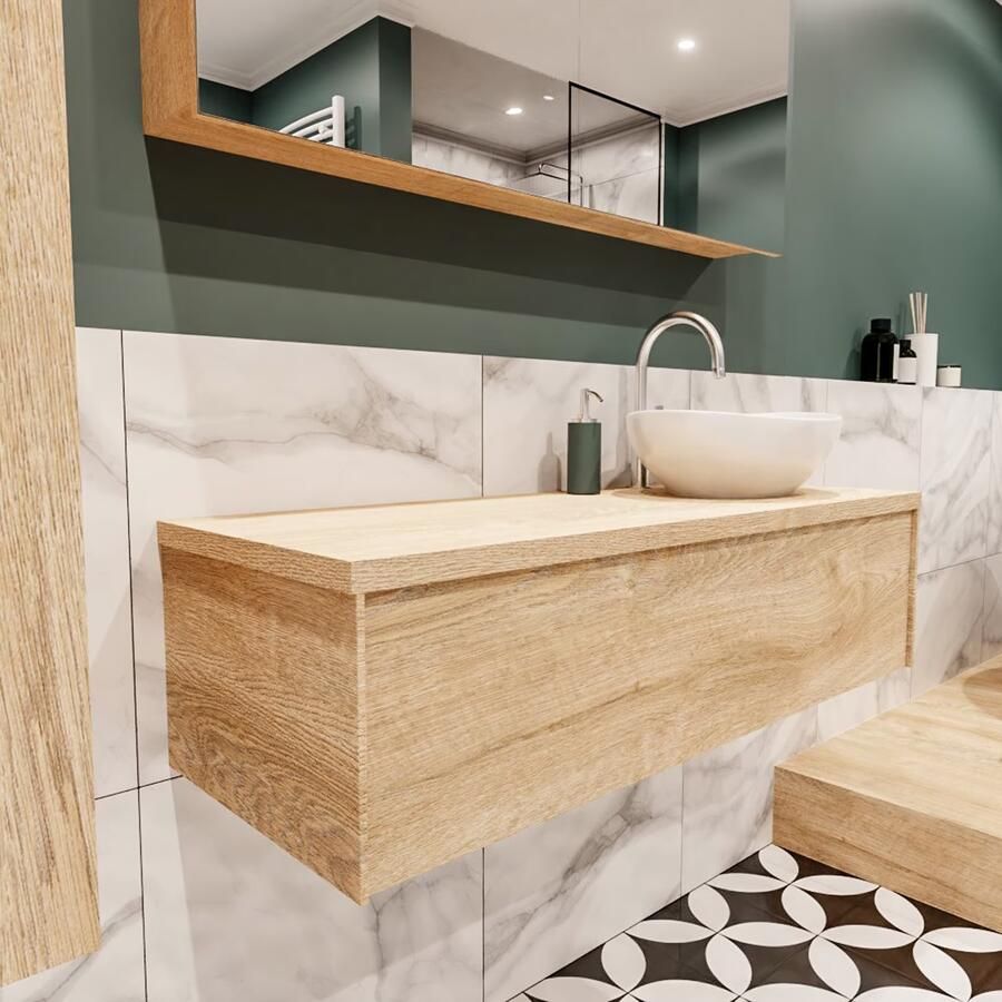 Zaro Lush onderkast met topblad 120cm in kleur WASHED OAK met 1 lades Push tot open geschikt voor rechtse wastafel. Met ovale keramische opzetkom met 1 kraangat(en) in het topblad
