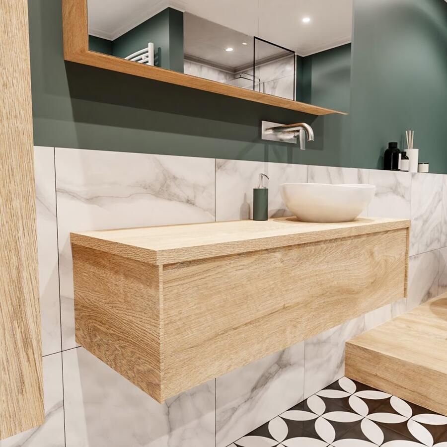 Zaro Lush onderkast met topblad 120cm in kleur WASHED OAK met 1 lades Push tot open geschikt voor rechtse wastafel. Met ovale keramische opzetkom met 0 kraangat(en) in het topblad - Foto 4
