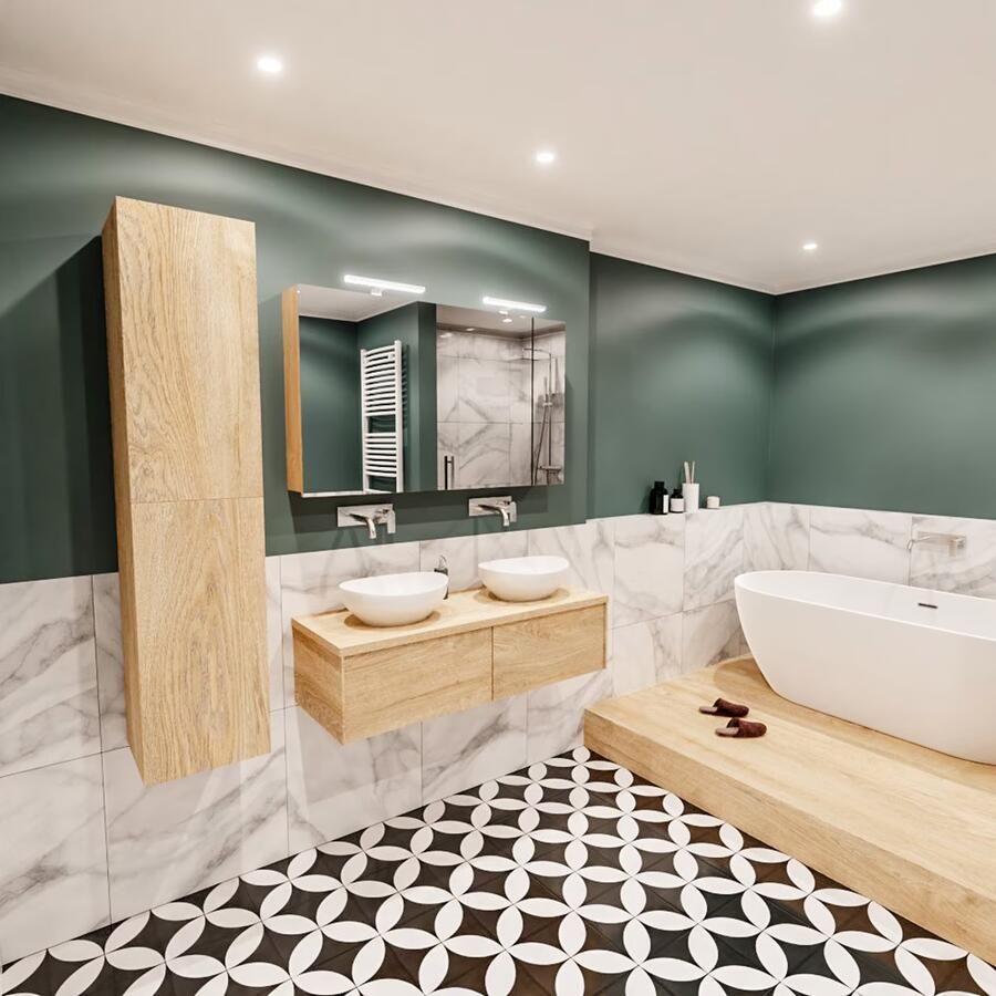 Zaro Lush onderkast met topblad 120cm in kleur WASHED OAK met 2 lades Push tot open geschikt voor dubbele wastafel. Met ovale keramische opzetkom met 0 kraangat(en) in het topblad - Foto 3