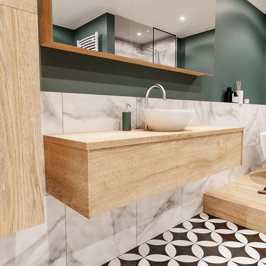 Zaro Lush onderkast met topblad 150cm in kleur WASHED OAK met 1 lades Push tot open geschikt voor gecentreerde wastafel. Met ovale keramische opzetkom met 1 kraangat(en) in het topblad - Foto 4