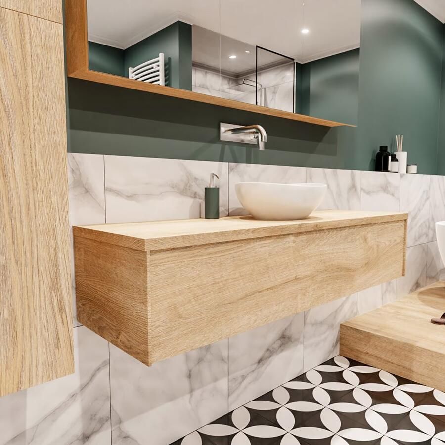 Zaro Lush onderkast met topblad 150cm in kleur WASHED OAK met 1 lades Push tot open geschikt voor gecentreerde wastafel. Met ovale keramische opzetkom met 0 kraangat(en) in het topblad - Foto 4