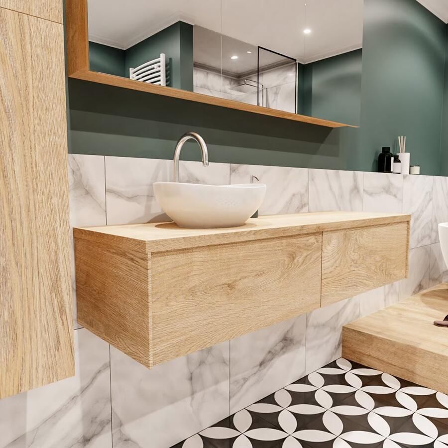 Zaro Lush onderkast met topblad 150cm in kleur WASHED OAK met 2 lades Push tot open geschikt voor linkse wastafel. Met ovale keramische opzetkom met 1 kraangat(en) in het topblad - Foto 4