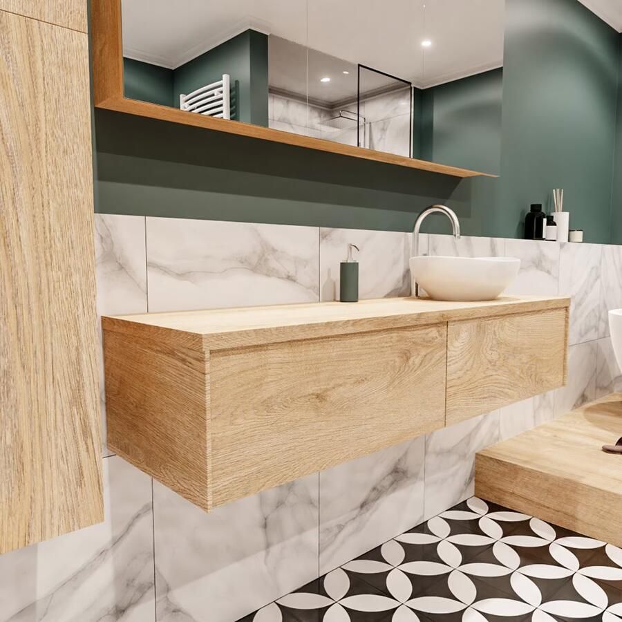 Zaro Lush onderkast met topblad 150cm in kleur WASHED OAK met 2 lades Push tot open geschikt voor rechtse wastafel. Met ovale keramische opzetkom met 1 kraangat(en) in het topblad - Foto 4