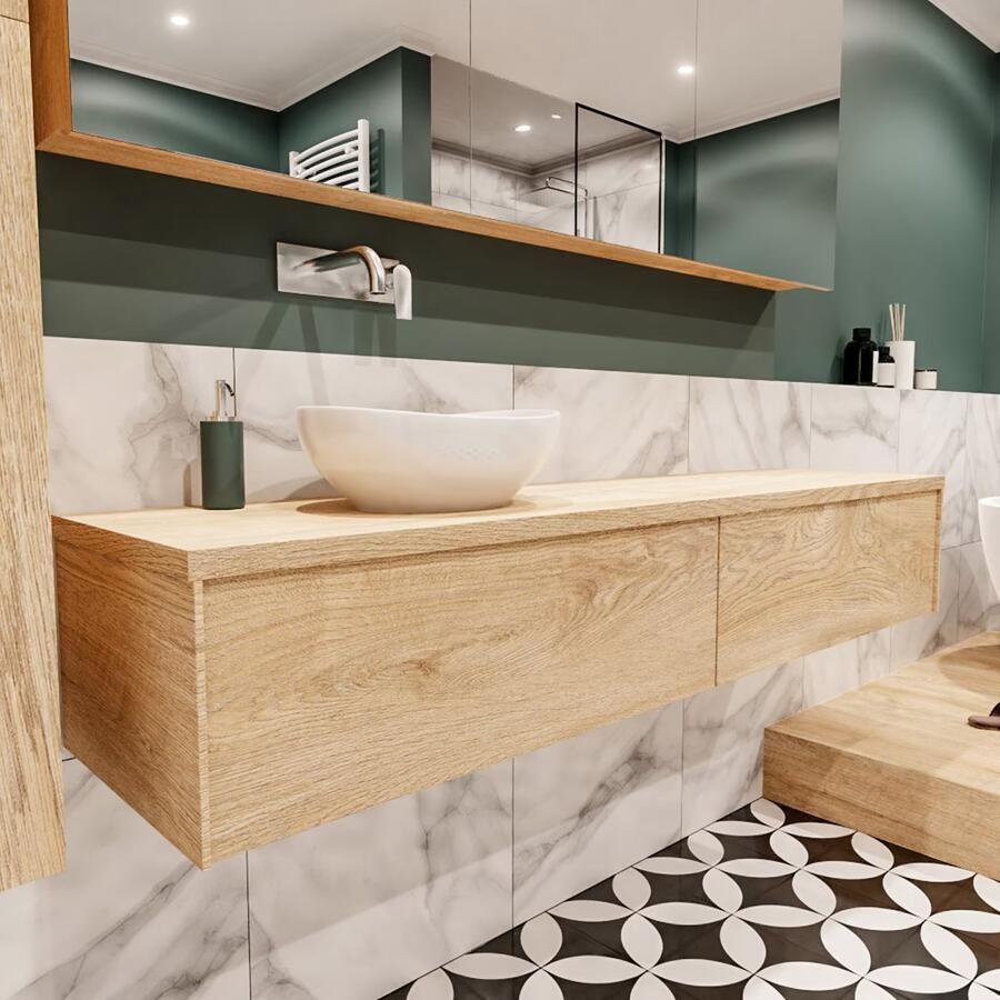 Zaro Lush onderkast met topblad 180cm in kleur WASHED OAK met 2 lades Push tot open geschikt voor linkse wastafel. Met ovale keramische opzetkom met 0 kraangat(en) in het topblad - Foto 4