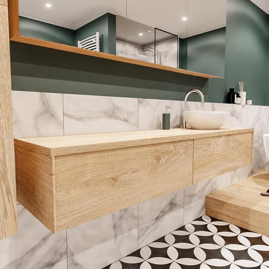 Zaro Lush onderkast met topblad 180cm in kleur WASHED OAK met 2 lades Push tot open geschikt voor rechtse wastafel. Met ovale keramische opzetkom met 1 kraangat(en) in het topblad - Foto 4