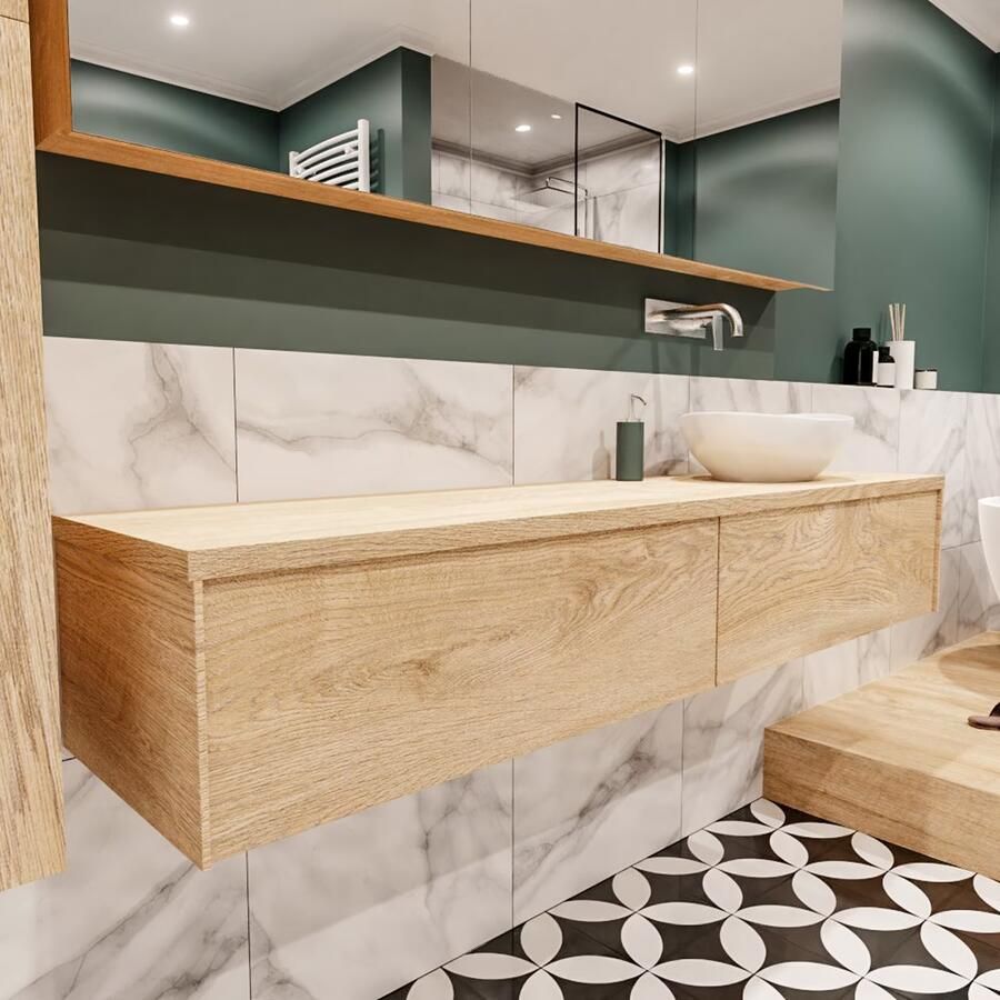 Zaro Lush onderkast met topblad 180cm in kleur WASHED OAK met 2 lades Push tot open geschikt voor rechtse wastafel. Met ovale keramische opzetkom met 0 kraangat(en) in het topblad - Foto 4