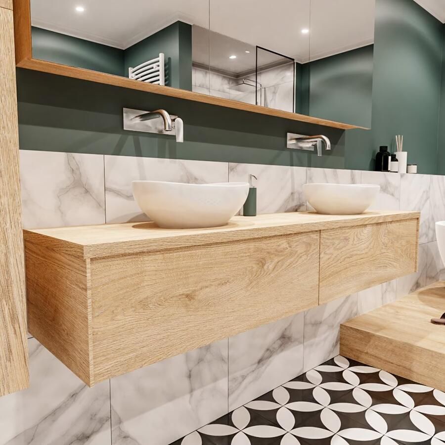 Zaro Lush onderkast met topblad 180cm in kleur WASHED OAK met 2 lades Push tot open geschikt voor dubbele wastafel. Met ovale keramische opzetkom met 0 kraangat(en) in het topblad - Foto 4