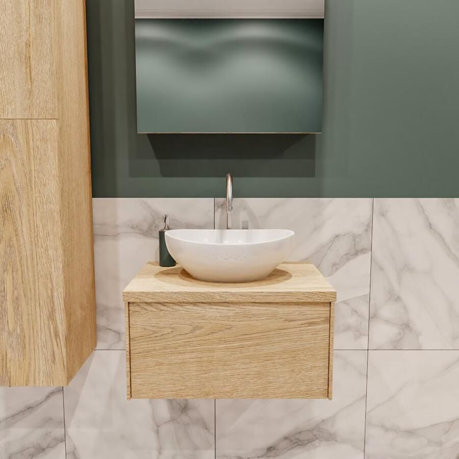 Zaro Lush onderkast met 30mm massief topblad 60cm in kleur WASHED OAK met 1 lades Push tot open geschikt voor gecentreerde wastafel. Met ovale keramische opzetkom met 1 kraangat(en) in het topblad - Foto 2