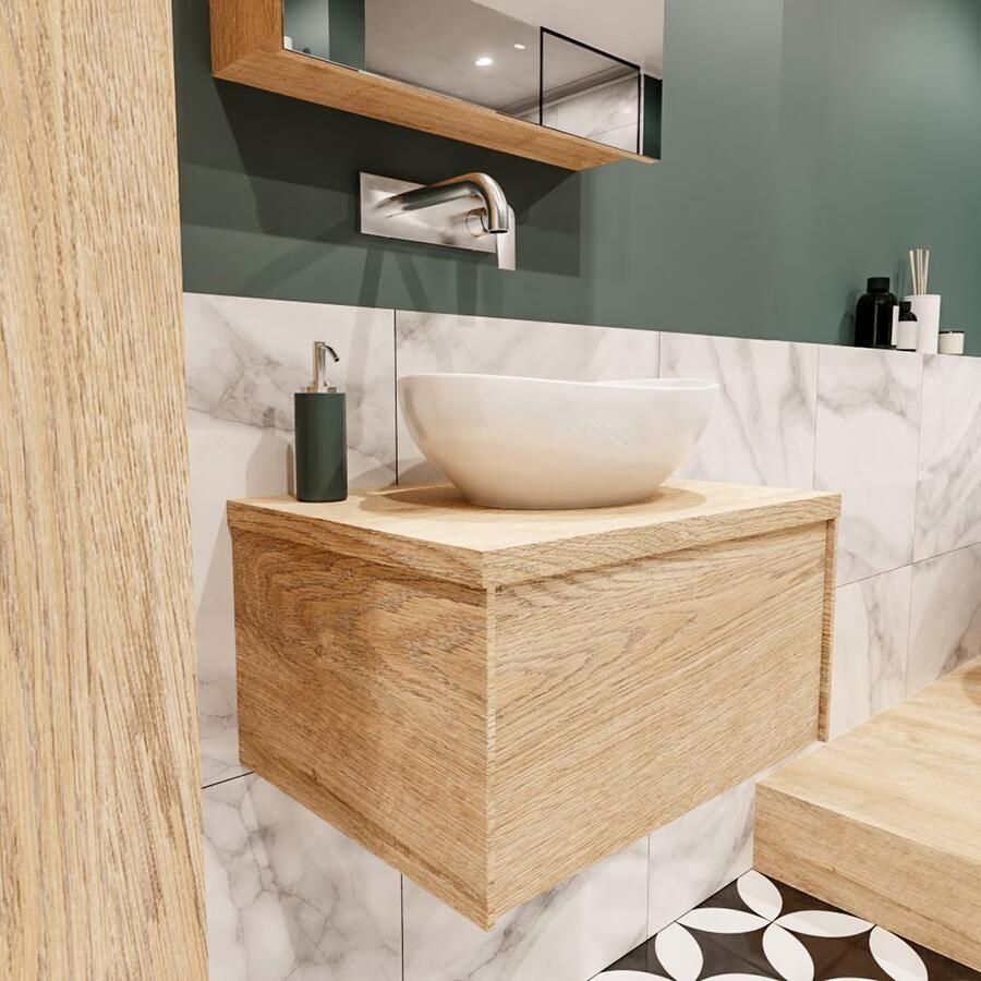 Zaro Lush onderkast met topblad 60cm in kleur WASHED OAK met 1 lades Push tot open geschikt voor gecentreerde wastafel. Met ovale keramische opzetkom met 0 kraangat(en) in het topblad - Foto 4