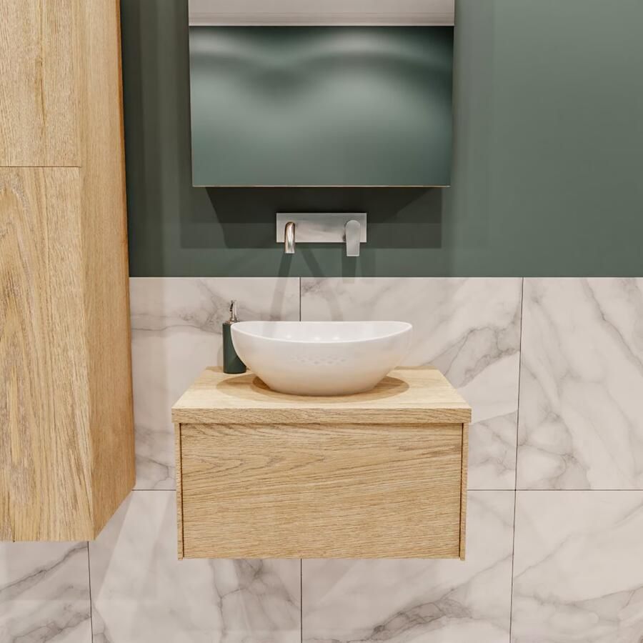 Zaro Lush onderkast met topblad 60cm in kleur WASHED OAK met 1 lades Push tot open geschikt voor gecentreerde wastafel. Met ovale keramische opzetkom met 0 kraangat(en) in het topblad - Foto 2