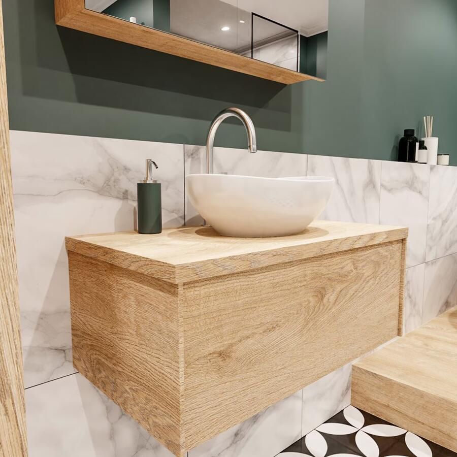Zaro Lush onderkast met topblad 80cm in kleur WASHED OAK met 1 lades Push tot open geschikt voor gecentreerde wastafel. Met ovale keramische opzetkom met 1 kraangat(en) in het topblad - Foto 4