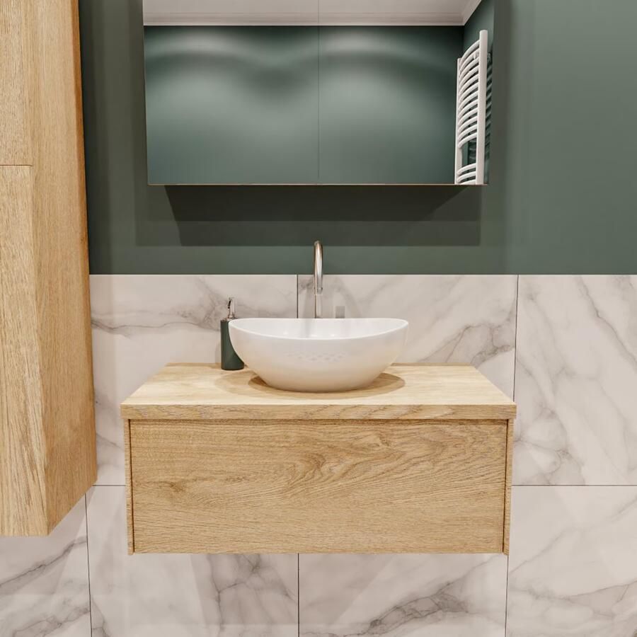 Zaro Lush onderkast met topblad 80cm in kleur WASHED OAK met 1 lades Push tot open geschikt voor gecentreerde wastafel. Met ovale keramische opzetkom met 1 kraangat(en) in het topblad - Foto 2