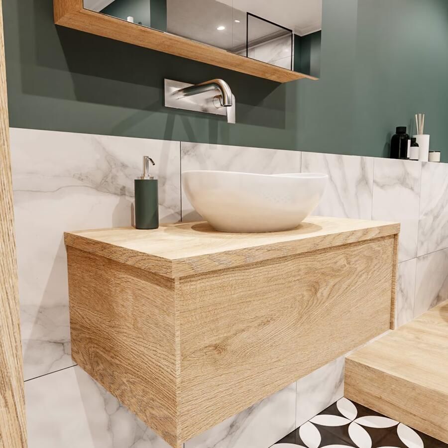 Zaro Lush onderkast met topblad 80cm in kleur WASHED OAK met 1 lades Push tot open geschikt voor gecentreerde wastafel. Met ovale keramische opzetkom met 0 kraangat(en) in het topblad